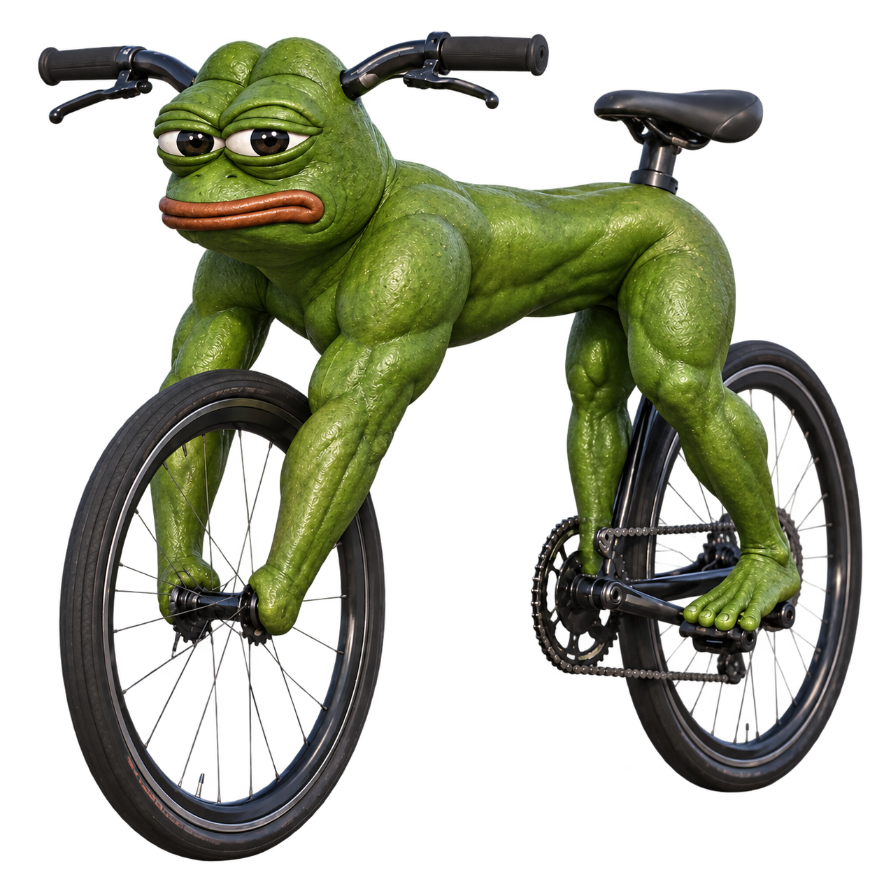 A muscular green Pepe riding a bicycle